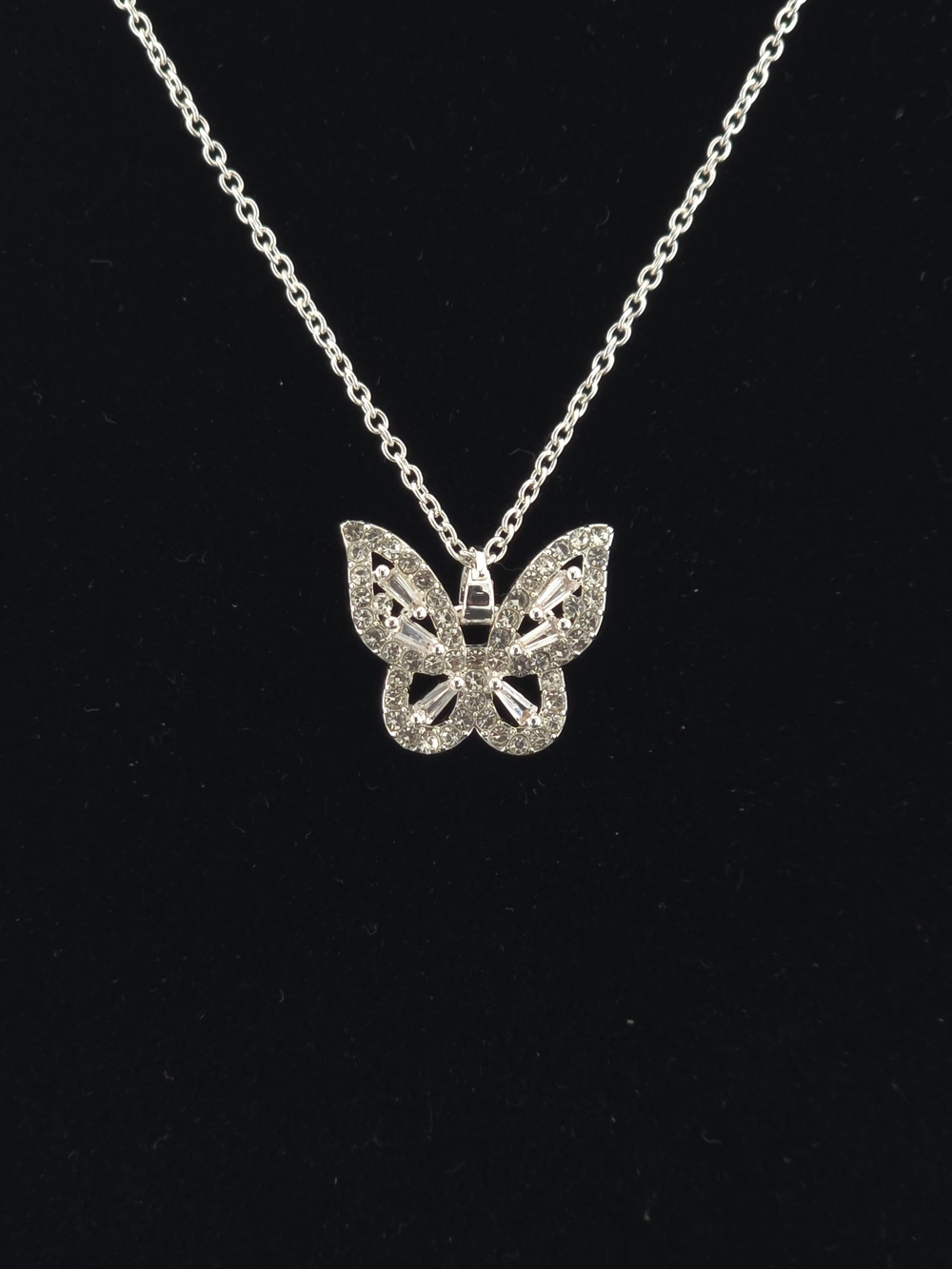Silver Butterfly Pendant Necklace - Sparkling Crystal Accent